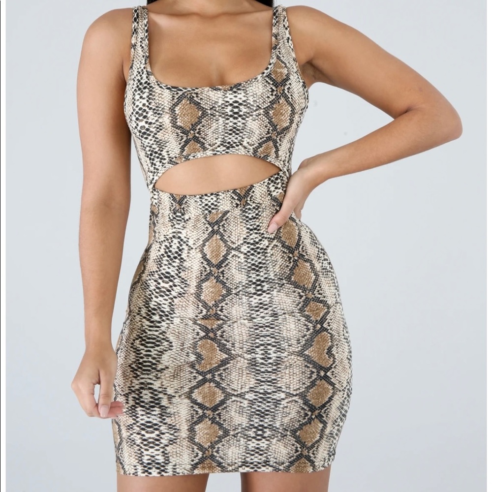Snake Print Cutout Mini Dress - Beige